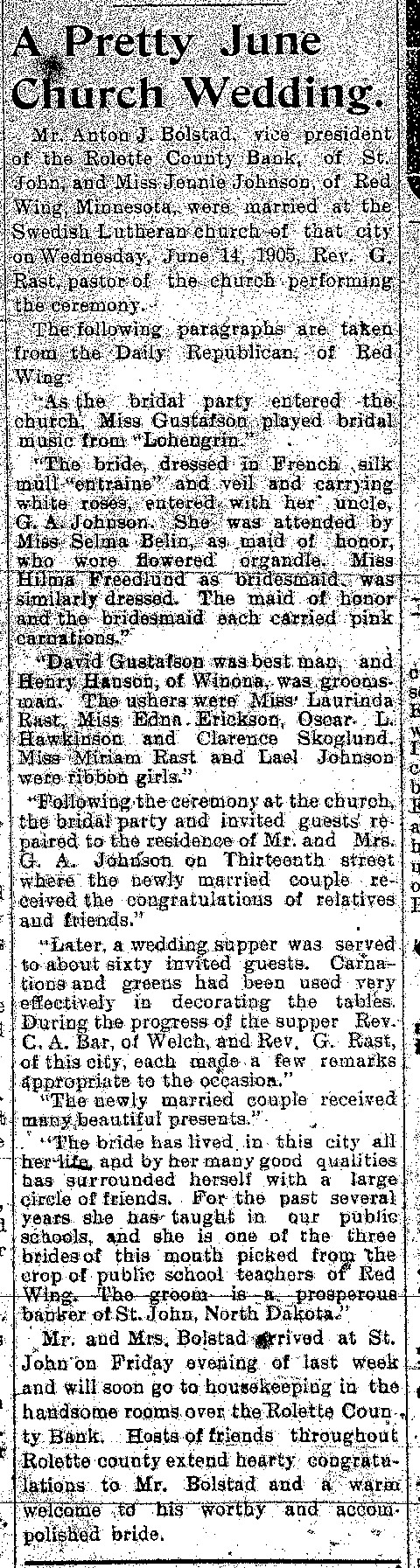 Newspaper Announcement of Marriage of Anton Bolstad to Jennie Johnson